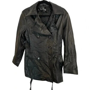 Jl colebrook black leather double breasted coat small belted button collared